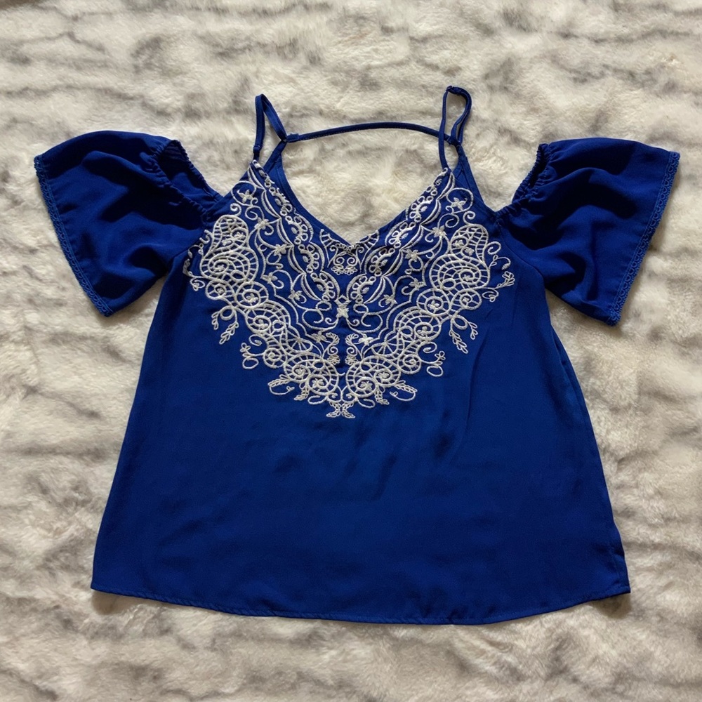 Xhilaration Royal Blue Cold Shoulder Top White Embroidery XS